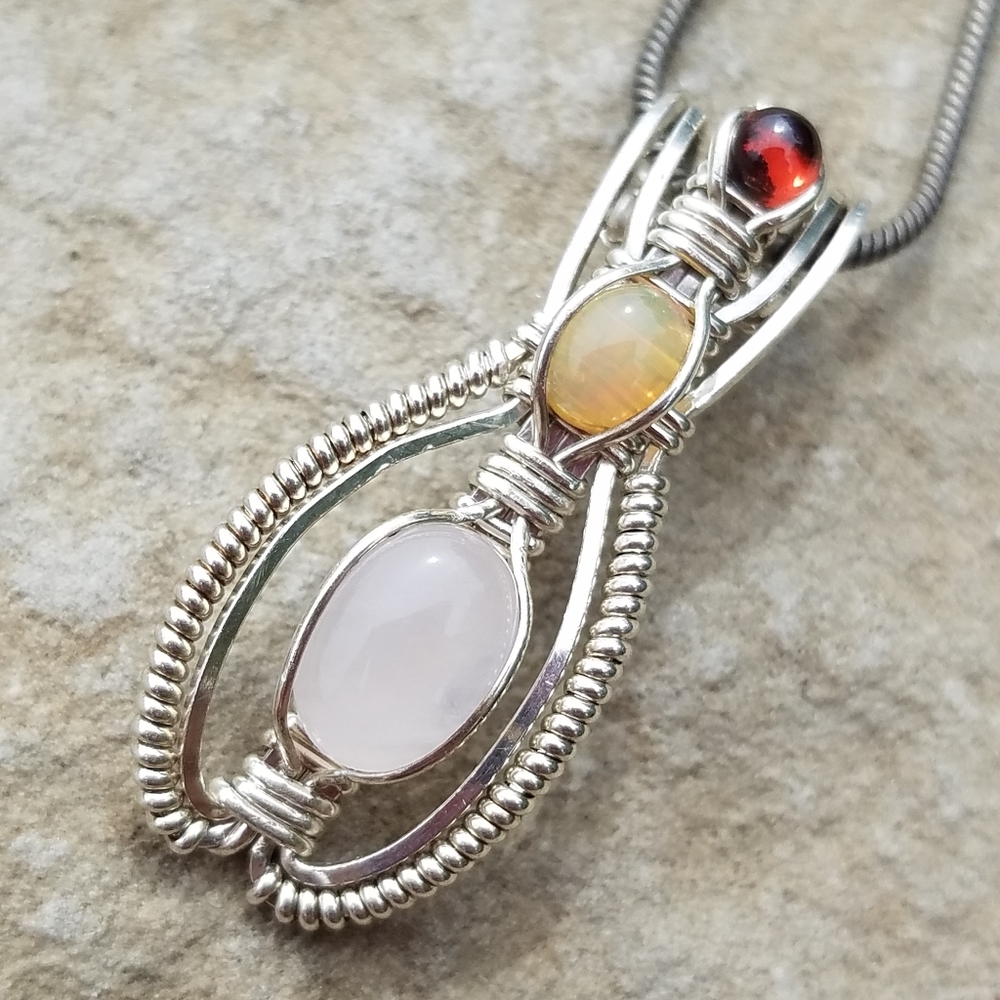 Wire Wrap Silver Pendant -Opal, Rose Quarz, Garnet